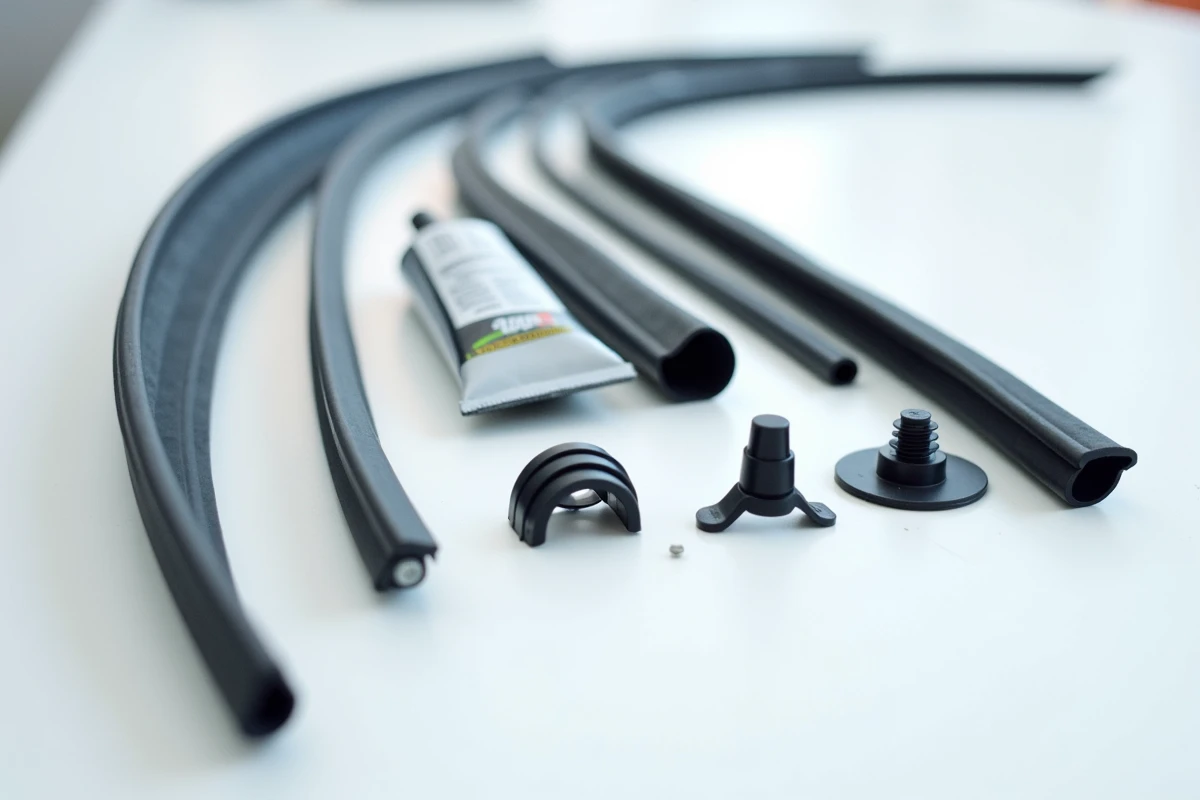 Accessoires de vitrage automobile disposés sur un établi, incluant joints, clips et adhésif pour pare-brise