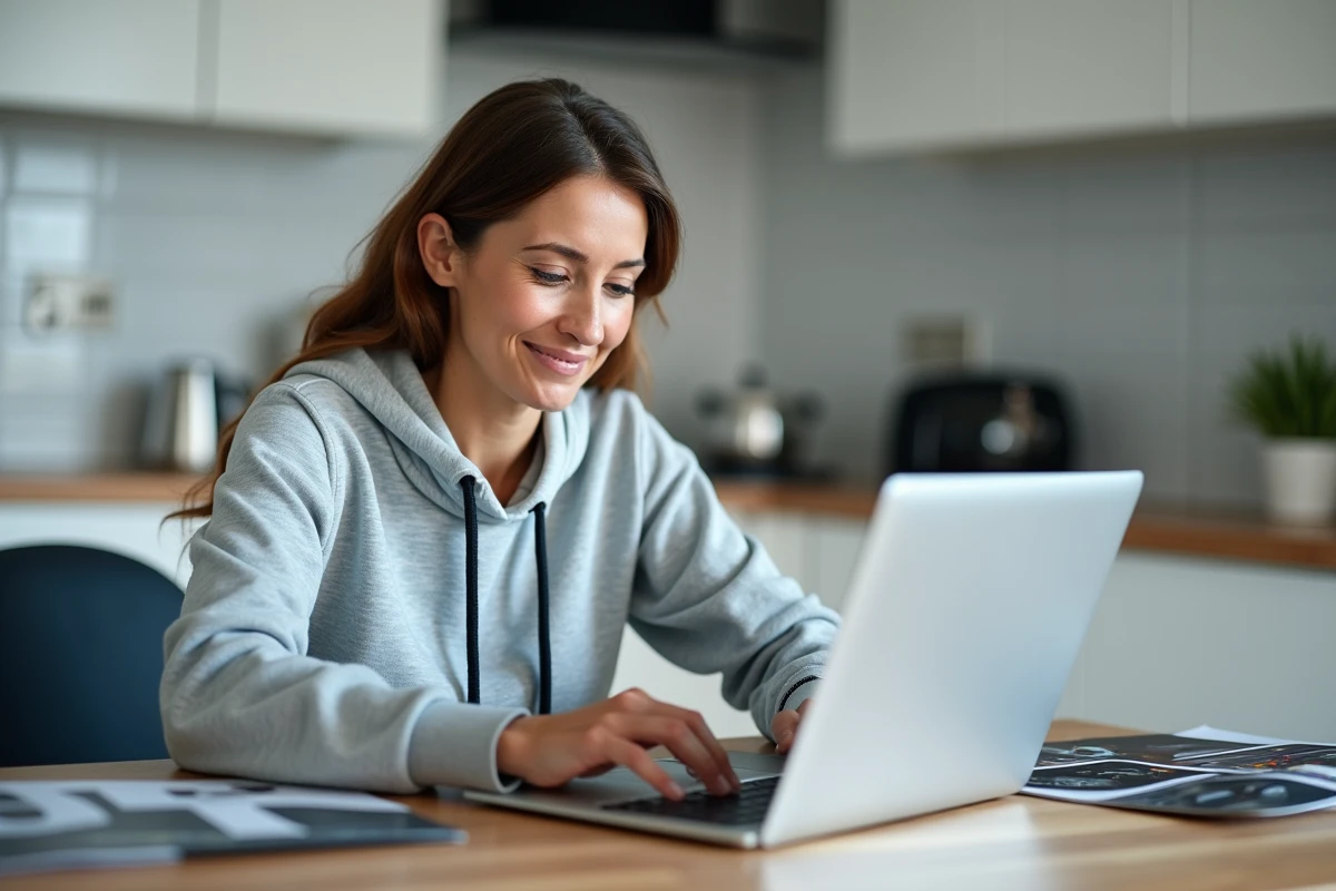 Femme recherchant des accessoires de vitrage automobile sur un site e-commerce depuis son domicile