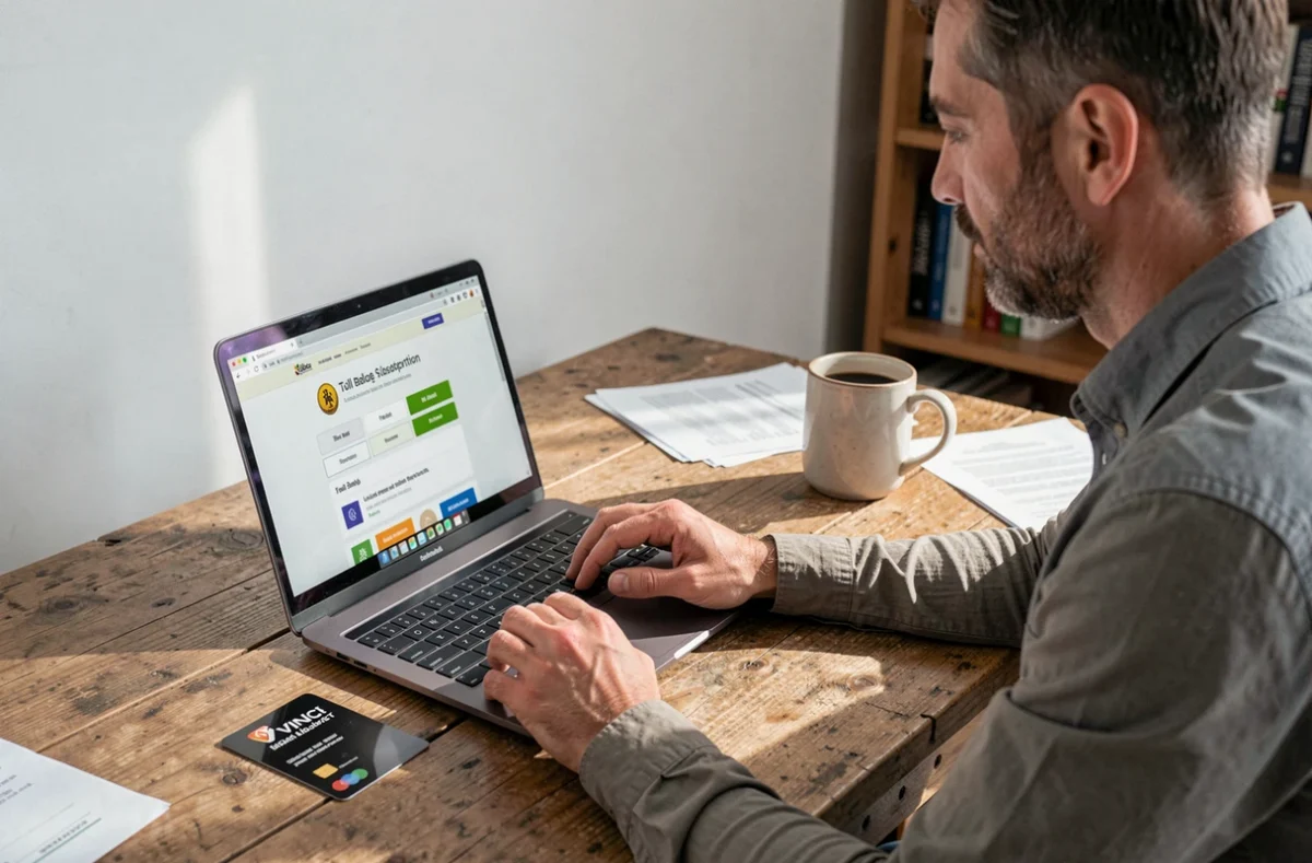 Homme achetant un badge télépéage Vinci sur internet depuis son ordinateur portable à domicile