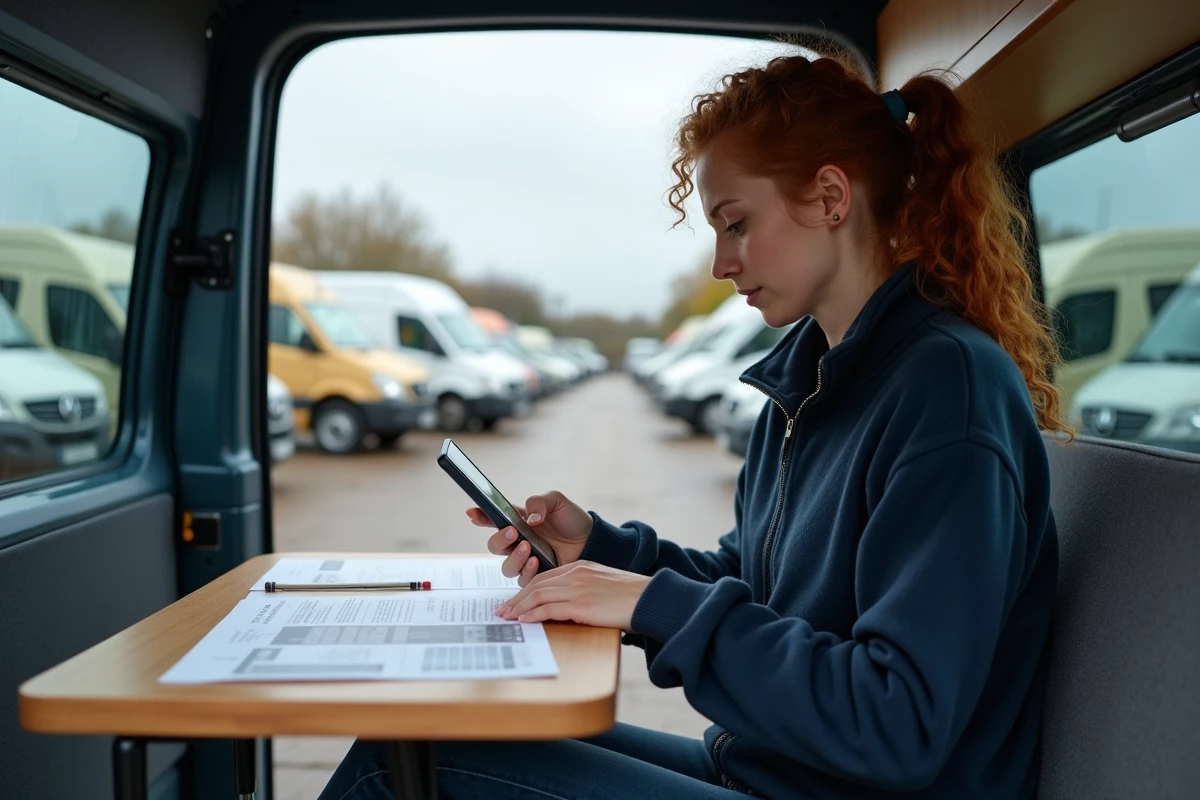 Femme étudiant des annonces de fourgons aménagés d'occasion sur smartphone lors d'une visite dans un marché de véhicules