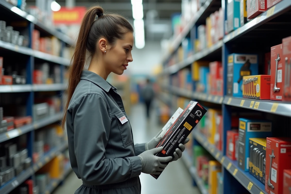 Mécanicienne en magasin automobile lisant les caractéristiques d'une clé dynamométrique avant achat