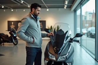 Un homme examine attentivement le tableau de bord du TMAX 2026 dans une concession moderne, évaluant le rapport qualité/prix