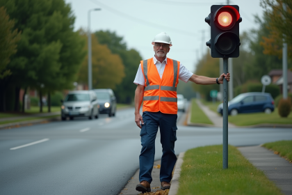 Agent de sécurité routière ajustant un panneau lumineux