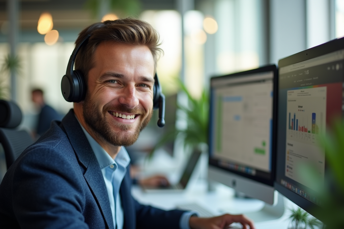 Agent de service client souriant avec casque et drapeau francais