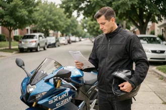 Motard consultant son contrat d'assurance moto à côté d'une Suzuki GSX 750 garée dans une rue résidentielle