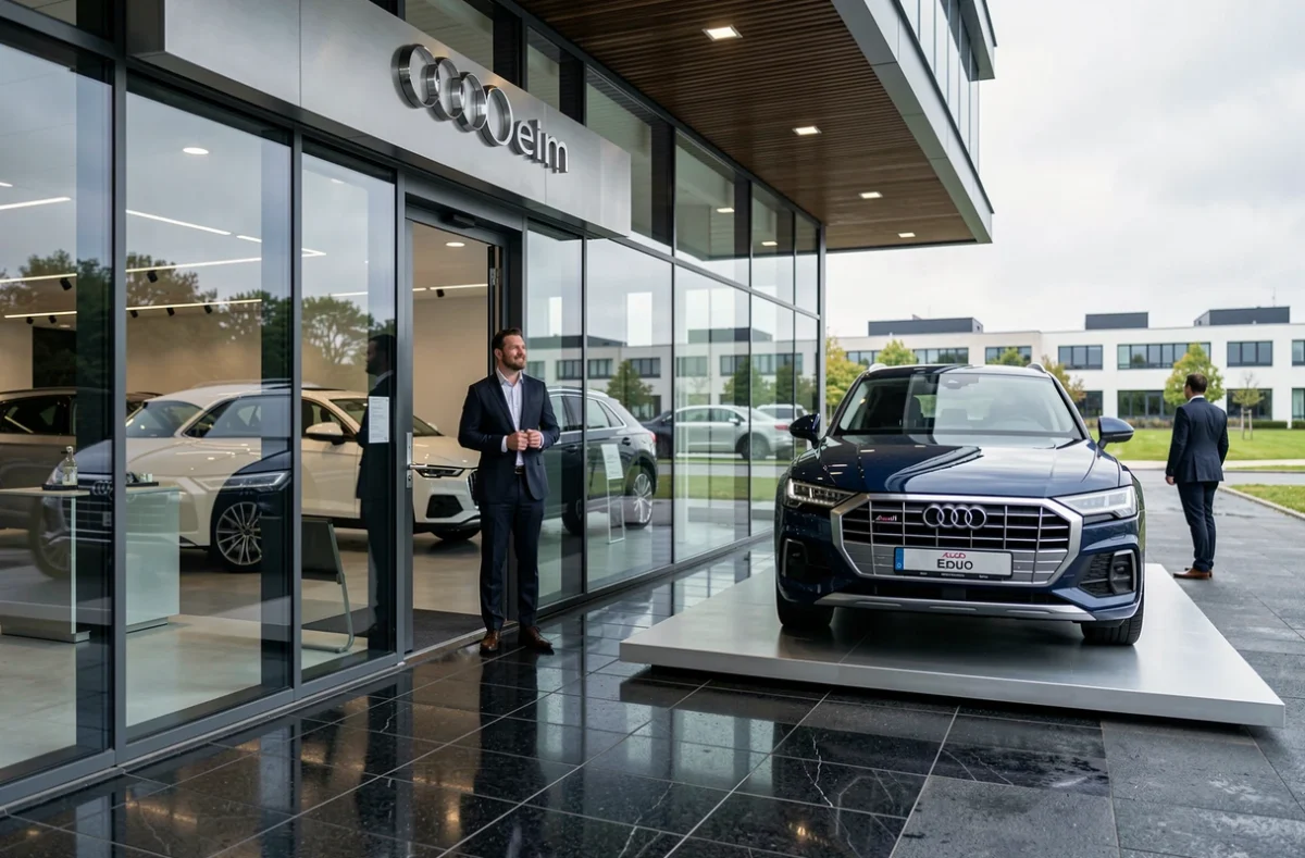 Concession premium Audi Avenir Automobiles à Beaucouzé avec un SUV exposé devant une façade vitrée contemporaine