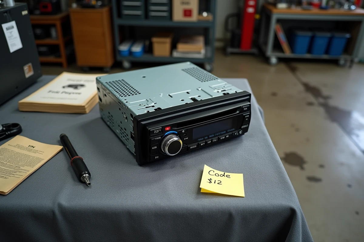 Autoradio démonté posé sur un établi de garage avec une note manuscrite indiquant le code de déverrouillage
