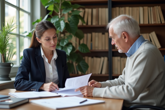 Femme avocate expliquant des documents juridiques à un homme âgé