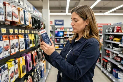 Femme en grande surface examinant un badge télépéage Vinci Liber-t dans son emballage en rayon