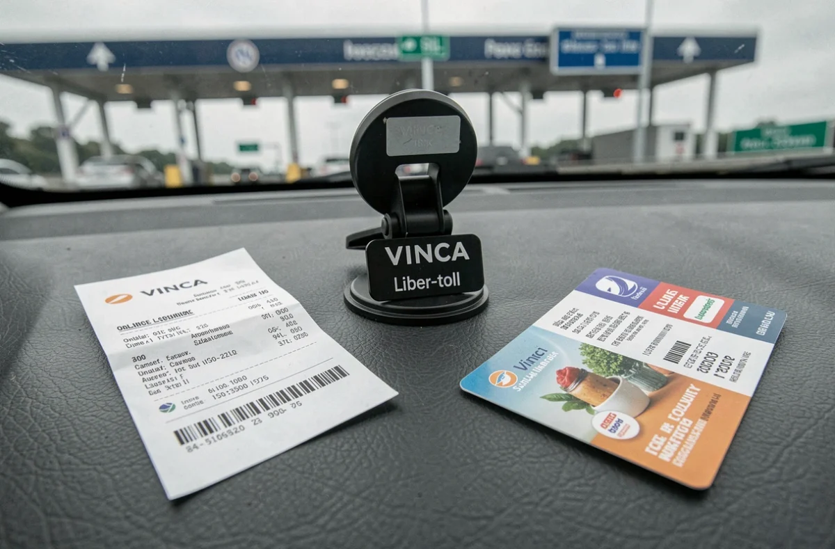 Badge télépéage Vinci Liber-t installé sur le pare-brise d'une voiture avec ticket d'achat en ligne