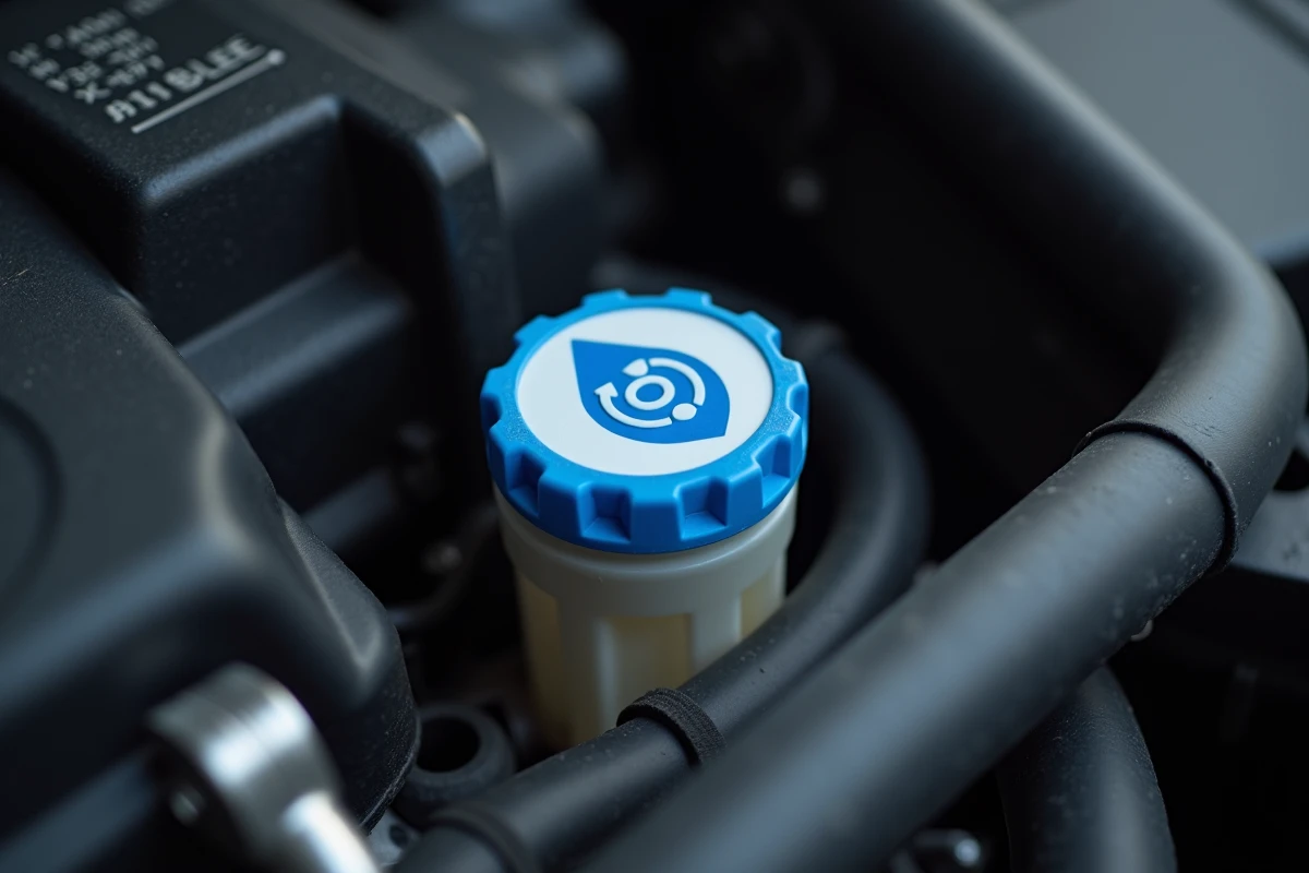 Gros plan sur le bouchon de remplissage AdBlue d'un moteur diesel BlueHDi avec composants du compartiment moteur visibles