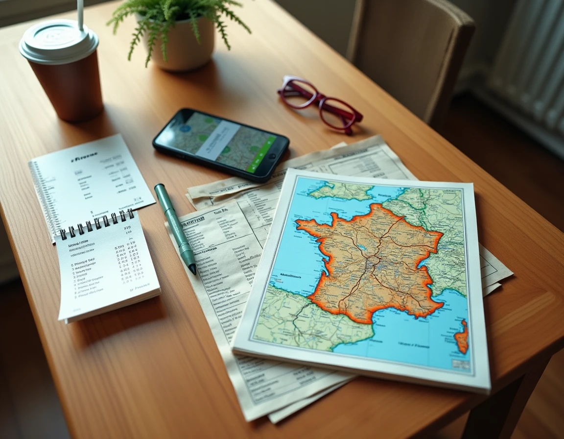 Vue aérienne d'une table avec carte routière de France, tickets de péage, reçus de carburant et calculs de budget voyage