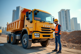 Camion benne d'occasion sur un chantier avec un ouvrier satisfait
