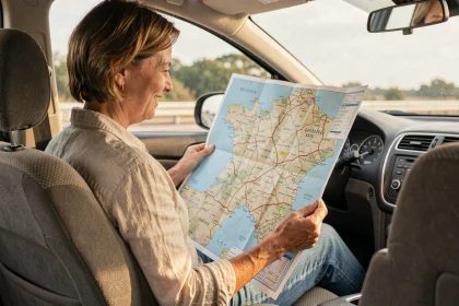 Femme consultant une carte routière imprimée des autoroutes de France dans une voiture en voyage