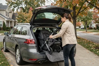 Jeune femme chargeant une poussette pliée dans le coffre d'une Peugeot 308 SW grise dans une rue résidentielle