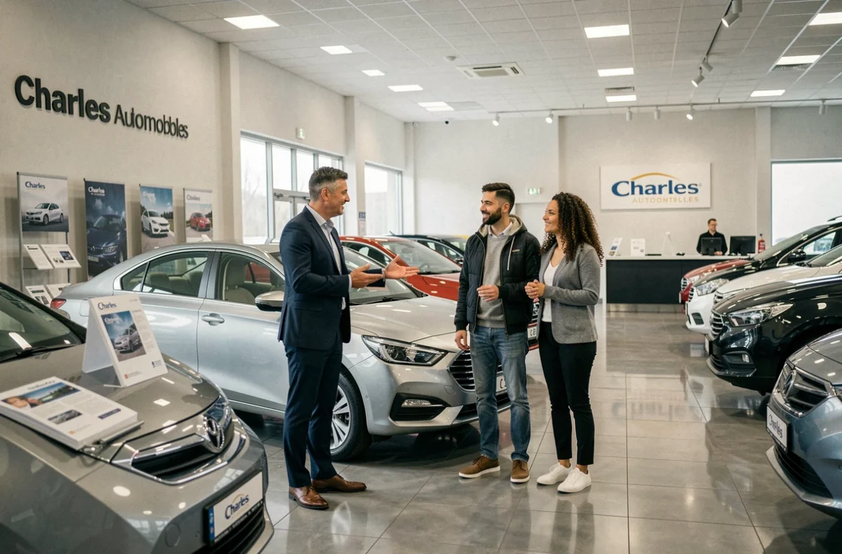 Conseiller commercial de Charles Automobiles présentant un véhicule d'occasion à un couple dans le showroom du Loiret