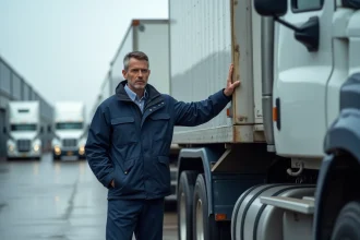 Chauffeur professionnel debout à côté d'un camion poids lourd articulé dans un dépôt logistique, illustrant le permis C pour poids lourds