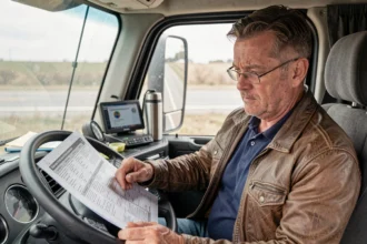 Chauffeur de camion consultant un tableau réglementaire des temps de conduite dans sa cabine