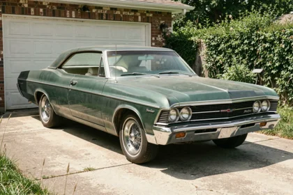 Chevrolet Impala 1967 4 portes vue trois quarts avant garée dans une allée résidentielle, détails chrome et carrosserie verte originale