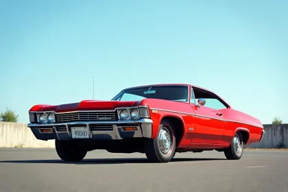 Chevrolet Impala 1967 automatique rouge vue de trois quarts avant sur parking asphalt avec grille chromée et pneus flancs blancs