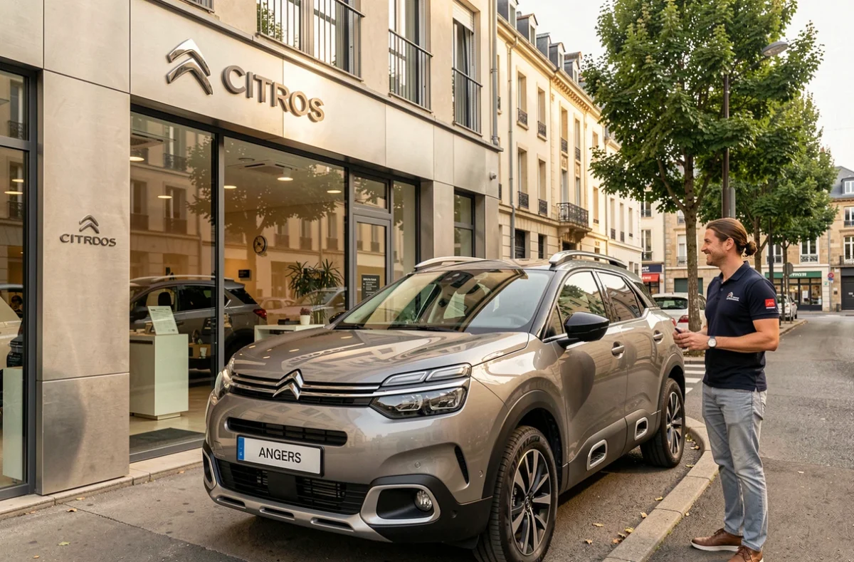 Concession Citroën Liberté Ugo Tombini à Angers avec un C5 Aircross et un vendeur accueillant un client