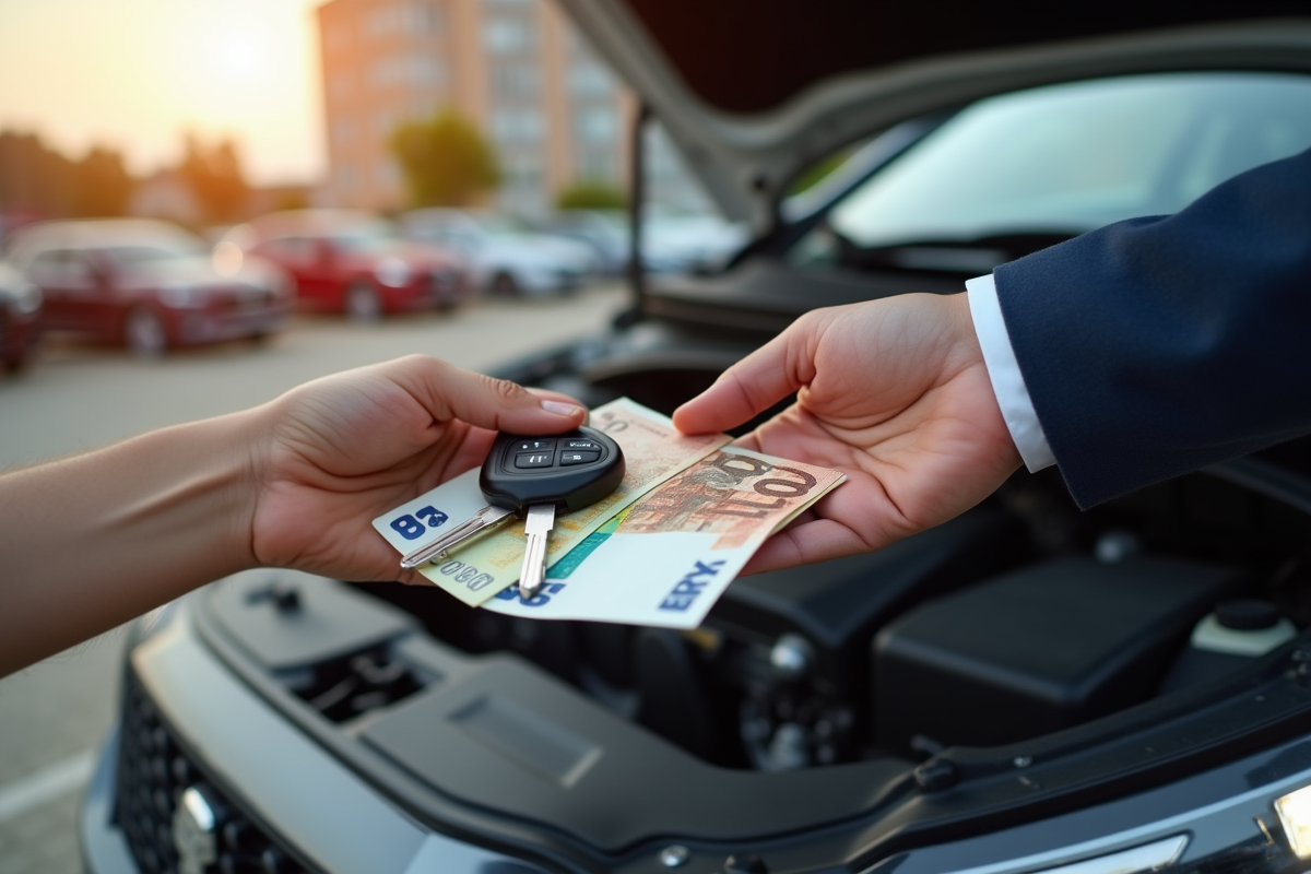 Mains tenant clés et billets devant le capot d