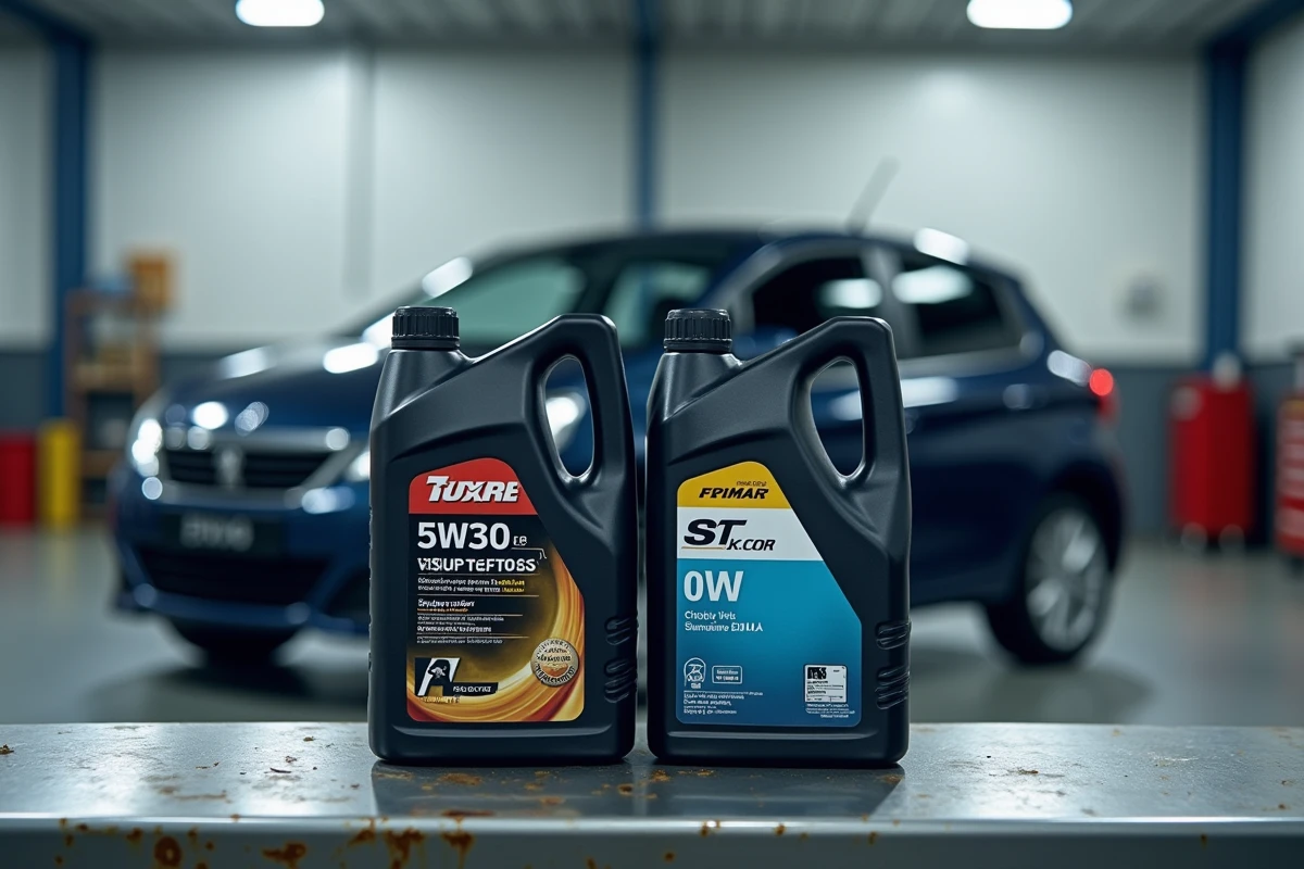 Comparaison de deux bouteilles d'huile moteur 5W30 et 0W30 posées sur un établi de garage avec une Peugeot 208 en arrière-plan flou