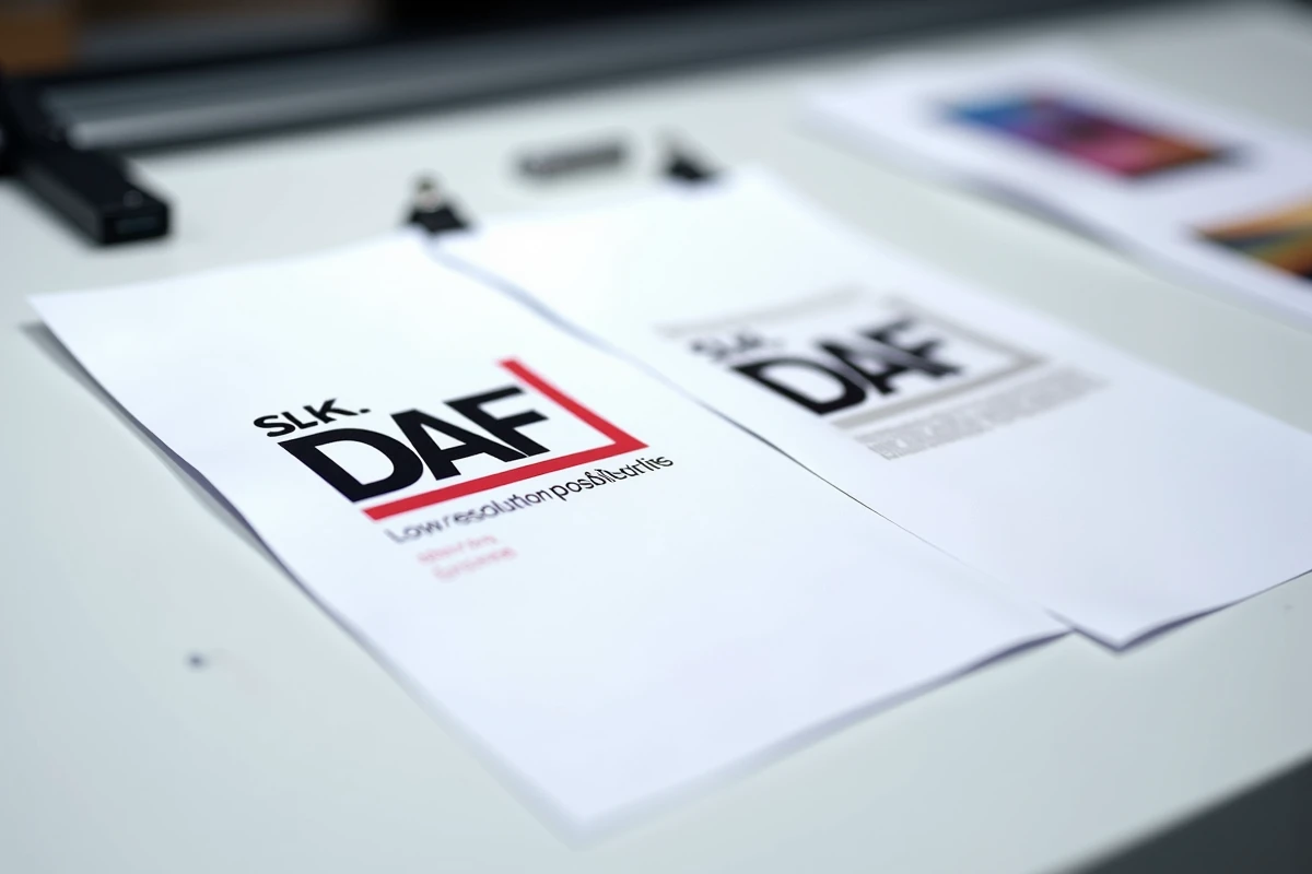 Comparaison côte à côte d'un logo DAF imprimé en haute résolution vectorielle et d'une version pixelisée sur table d'impression