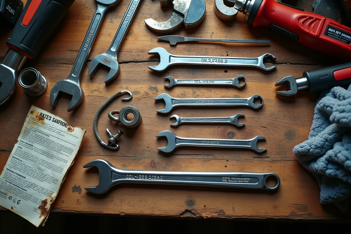 Comparaison d'outils mécaniques de qualité différente disposés sur un établi en bois de garage