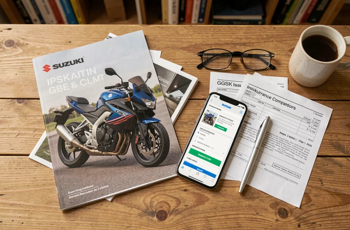 Bureau avec documents d'assurance moto, devis imprimés et smartphone affichant un comparateur pour une GSX 750