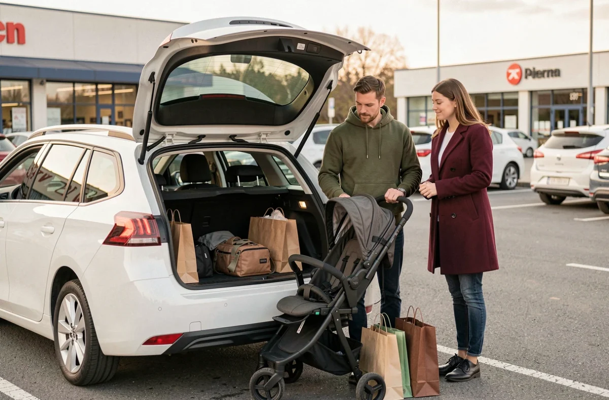 Couple évaluant l'espace du coffre d'une Peugeot 308 SW blanche avec une poussette et des courses dans un parking