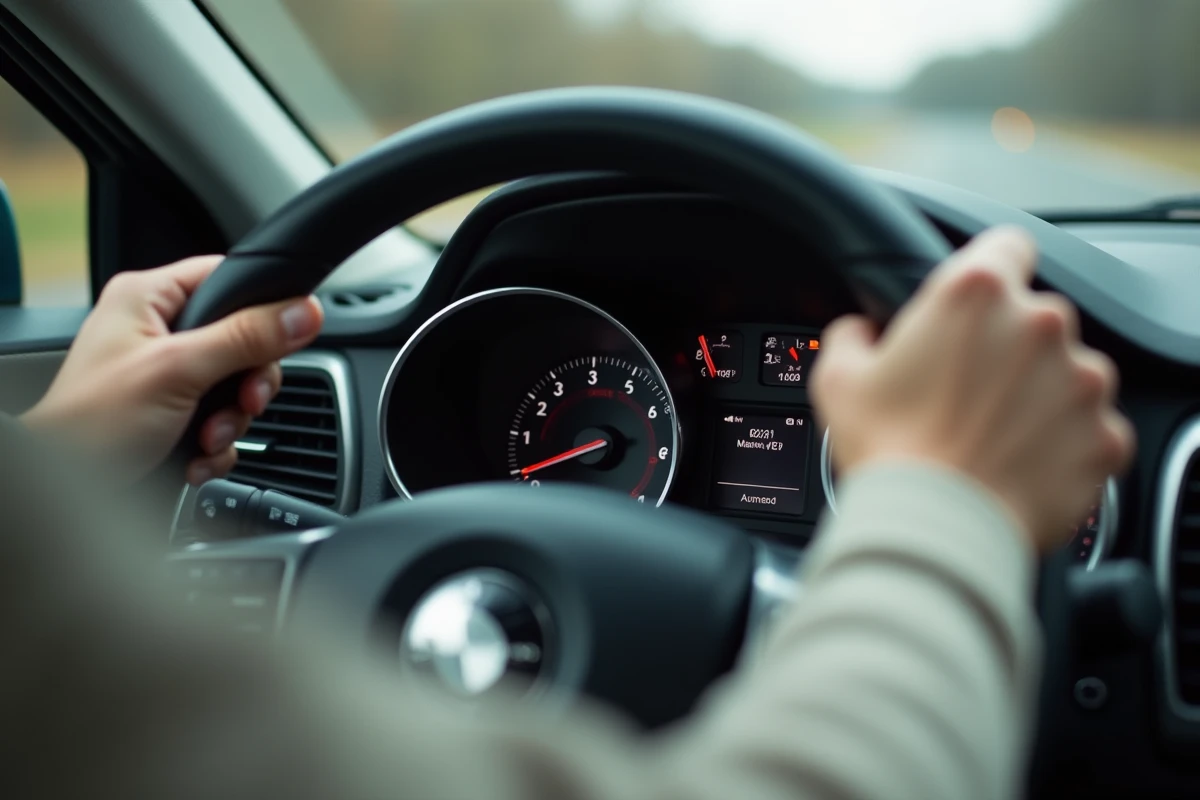 Gros plan sur le compteur de vitesse et le tableau de bord d'une voiture compacte avec les mains d'un jeune conducteur sur le volant, symbolisant la limite de puissance en chevaux pour les jeunes permis
