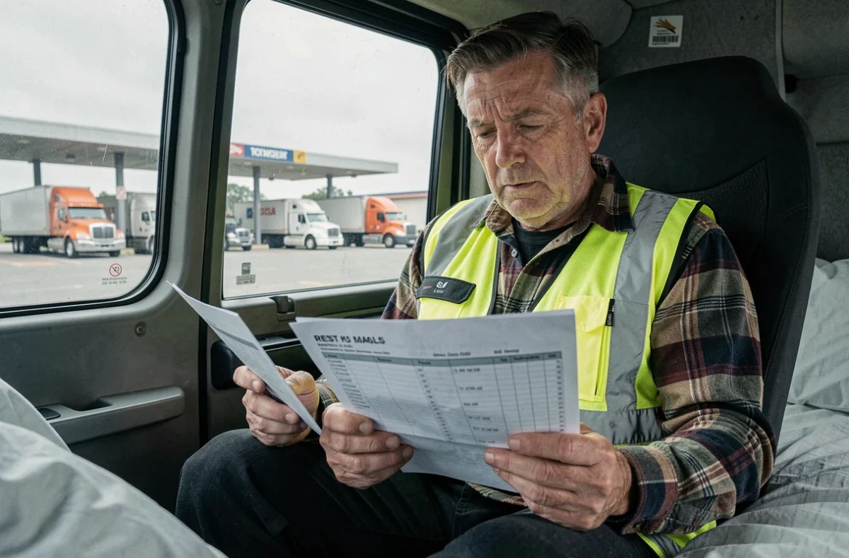 Conducteur poids lourd vérifiant ses temps de repos dans la couchette de son camion sur une aire d'autoroute