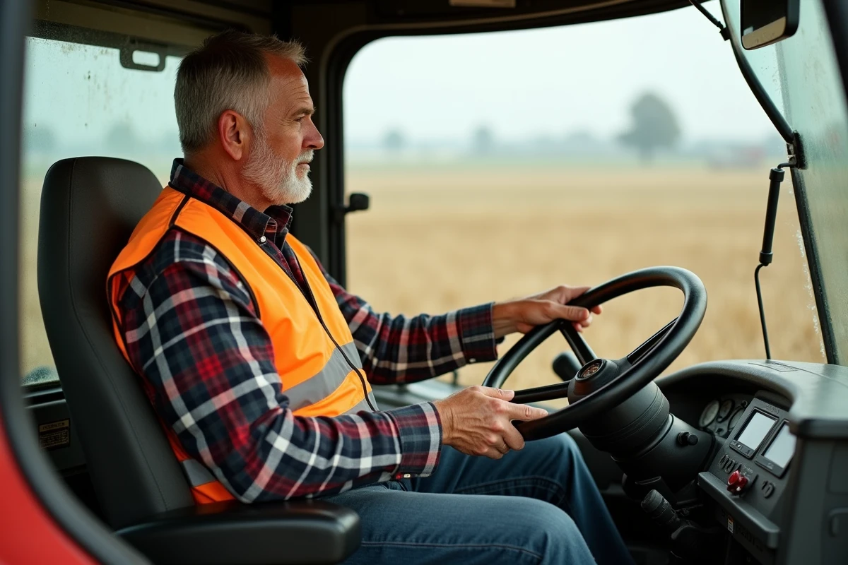 Conducteur de tracteur en cabine assis sur un siège ergonomique réglable avec vue sur champ agricole en arrière-plan