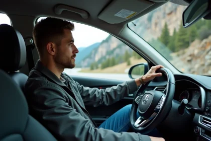 Jeune homme au volant d'une voiture en montagne