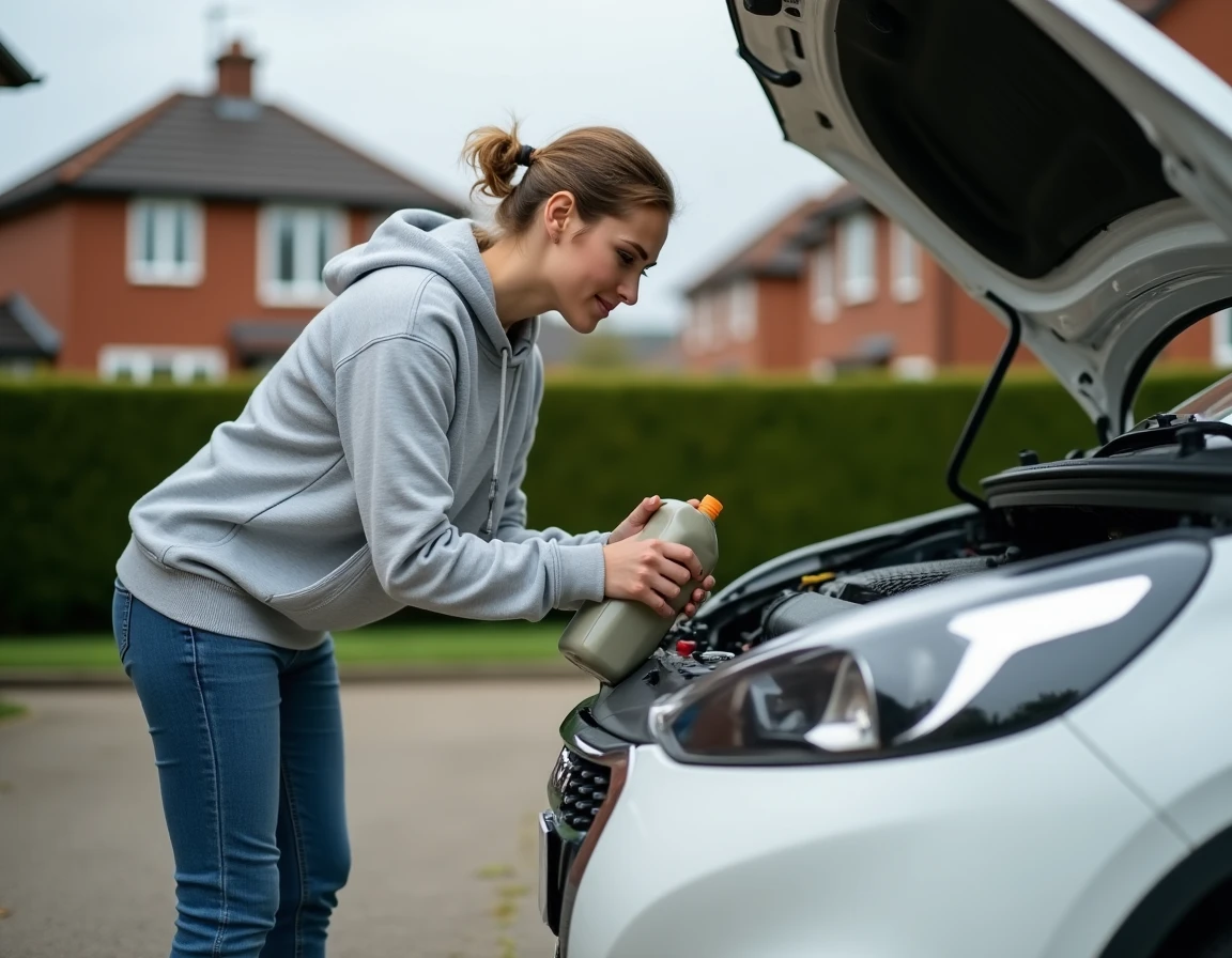 Conductrice faisant l'appoint d'huile moteur 5W30 dans le compartiment moteur d'une Peugeot 208 blanche dans une allée résidentielle