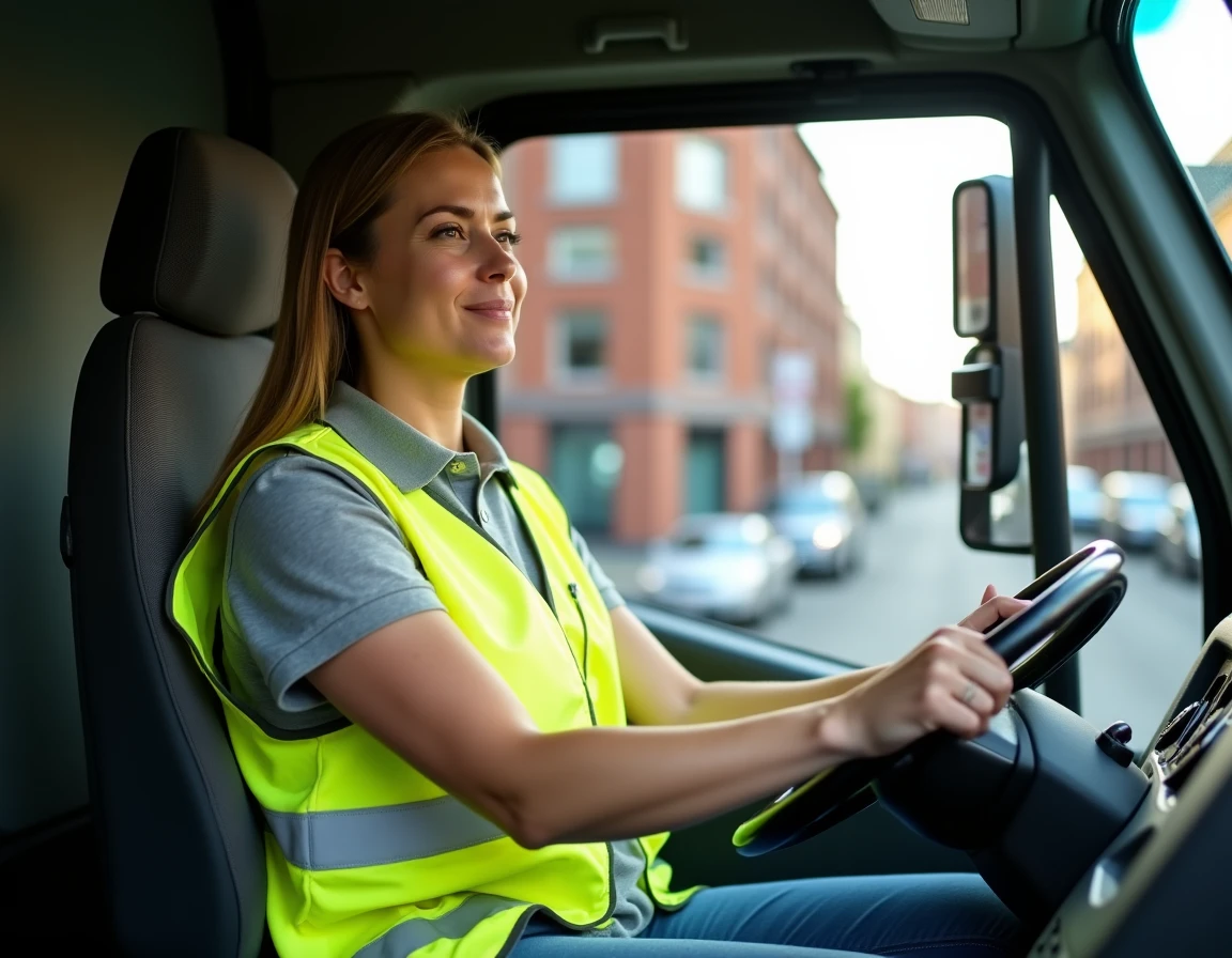 Conductrice de camion léger de moins de 7,5 tonnes au volant dans une cabine de véhicule utilitaire, représentant le permis C1 en milieu urbain