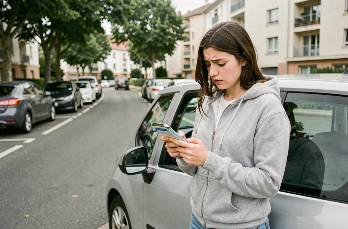 Jeune conductrice en permis probatoire consultant son téléphone pour vérifier le solde de points de son permis de conduire