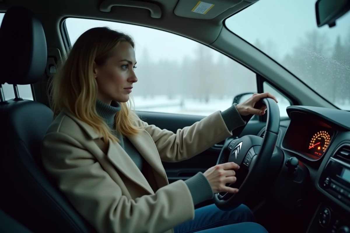 Conductrice inquiète face à un voyant allumé sur le tableau de bord de sa Citroën C3 par temps froid