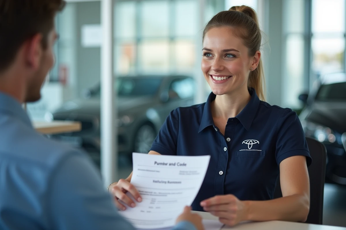 Conseillère de concession automobile remettant un code autoradio imprimé à un client au comptoir du service après-vente