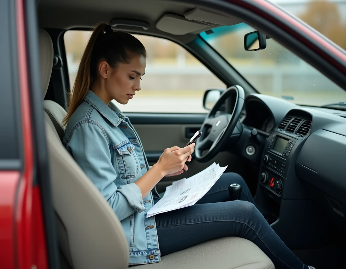 Femme consultant une application de cote argus sur smartphone assise dans une Peugeot 306 Maxi lors d'un achat d'occasion
