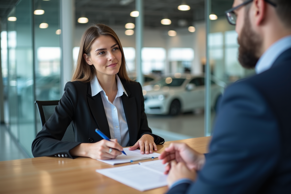 Femme examinant des papiers avec un conseiller en concession