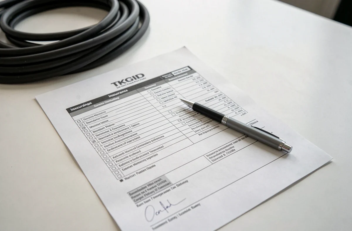 Gros plan sur un contrat d'assurance auto posé sur une table avec un câble de recharge pour voiture électrique en arrière-plan