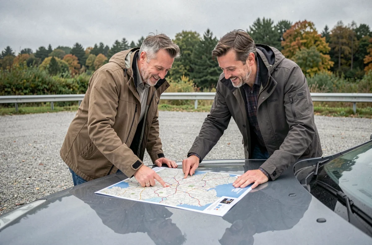 Couple étudiant une carte imprimée des autoroutes françaises sur le capot d'une voiture à une aire de repos
