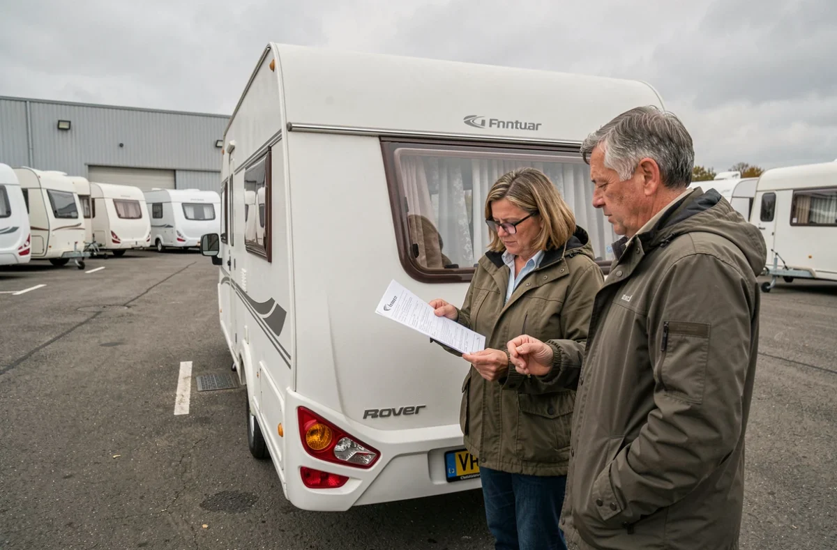 Couple vérifiant les formalités administratives d'une caravane d'occasion chez un concessionnaire