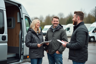 Couple souriant devant un van de camping moderne