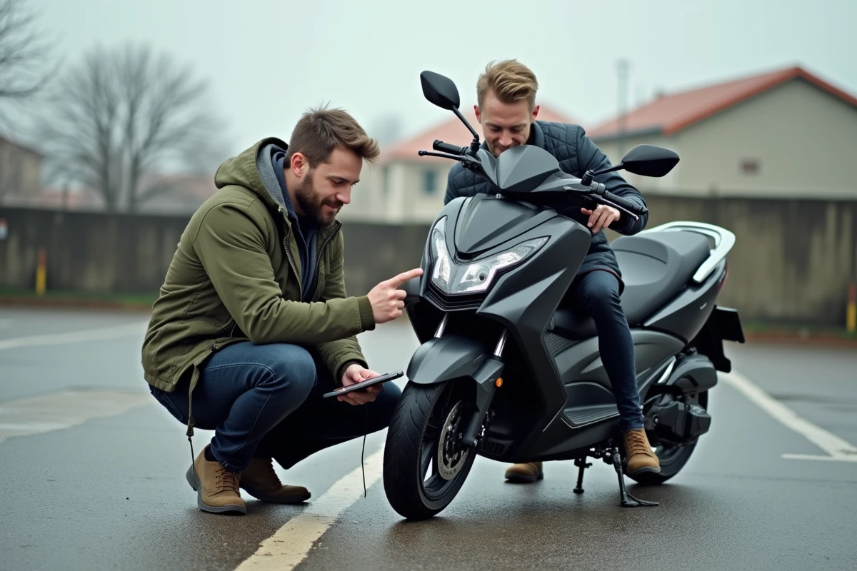 Deux acheteurs potentiels discutent du rapport qualité/prix du TMAX 2026 en examinant le scooter dans un parking urbain