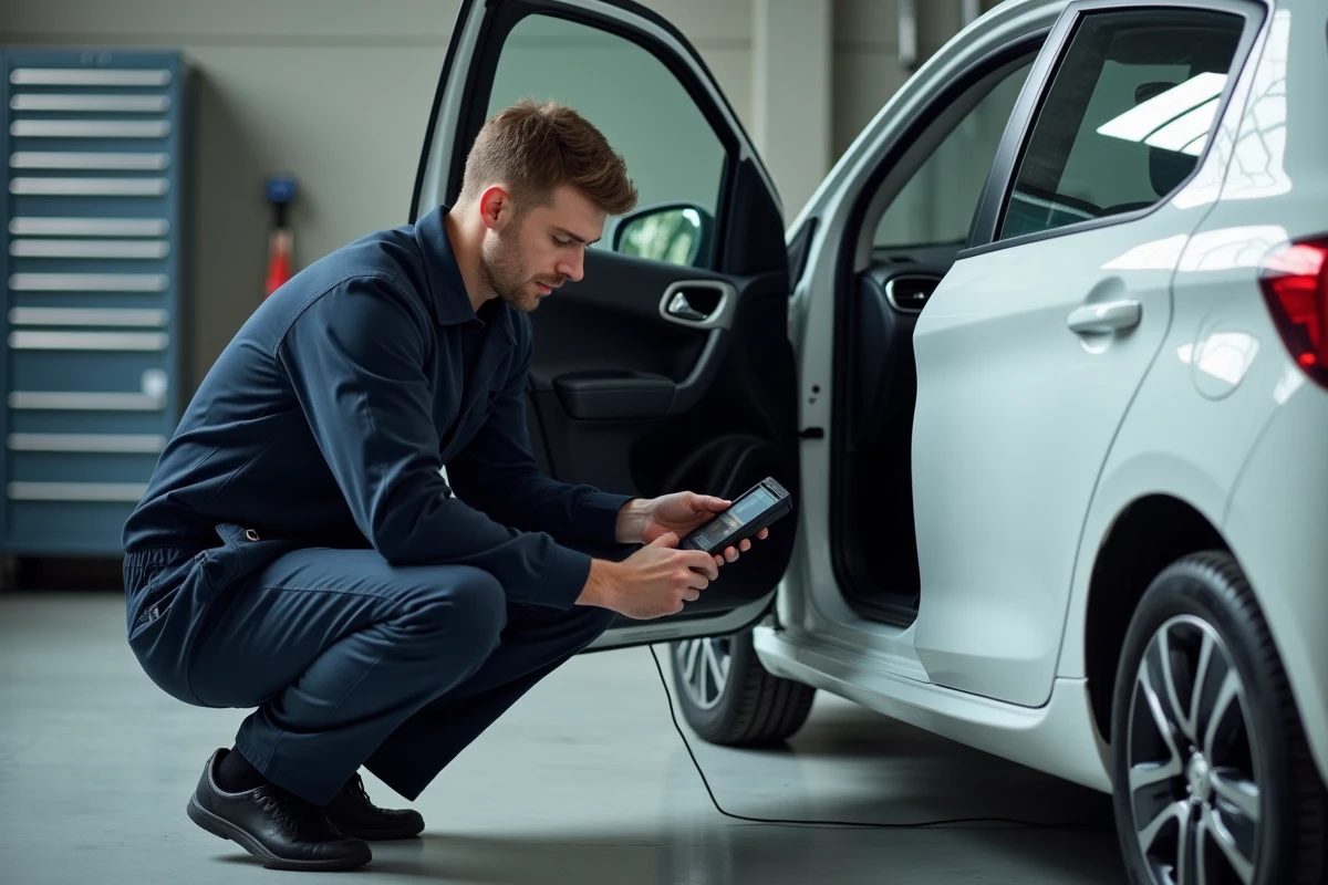 Technicien automobile branchant un scanner OBD sur une Peugeot 208 blanche pour diagnostiquer un voyant allumé