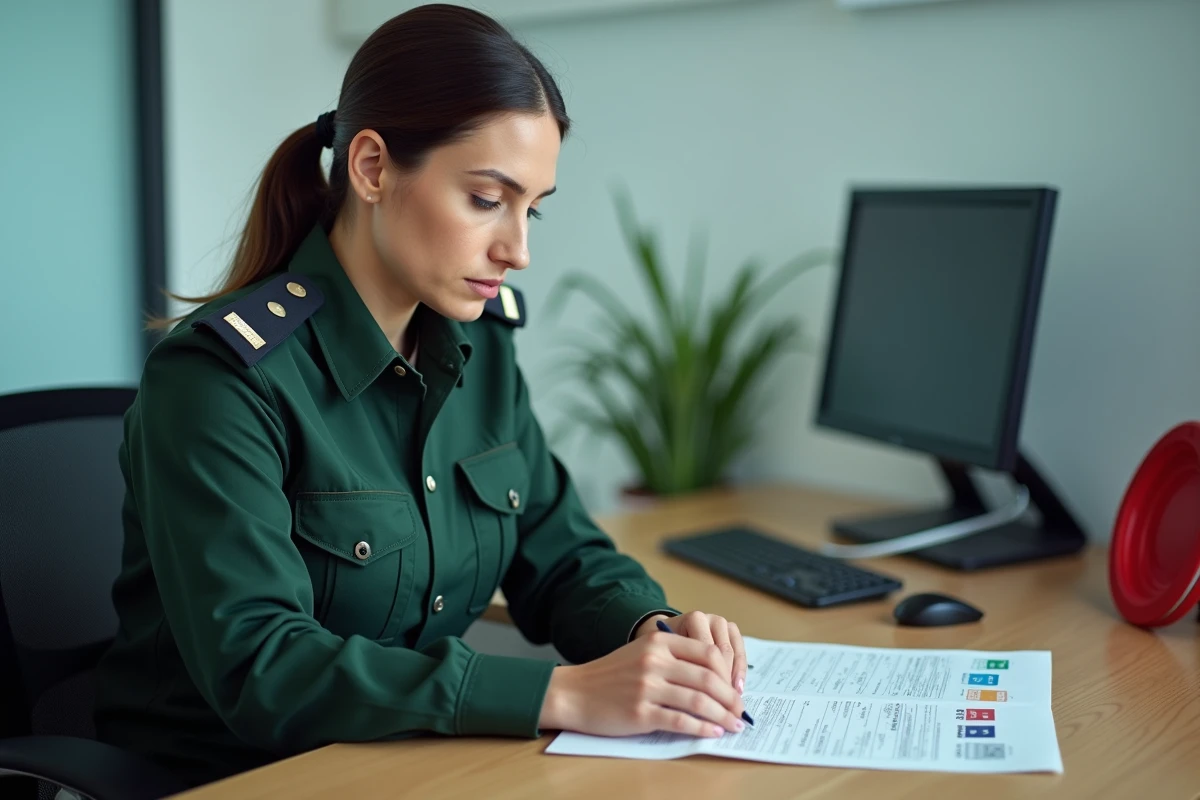 Agente des douanes vérifiant des documents de transit international avec une plaque rouge sur un bureau de contrôle frontalier