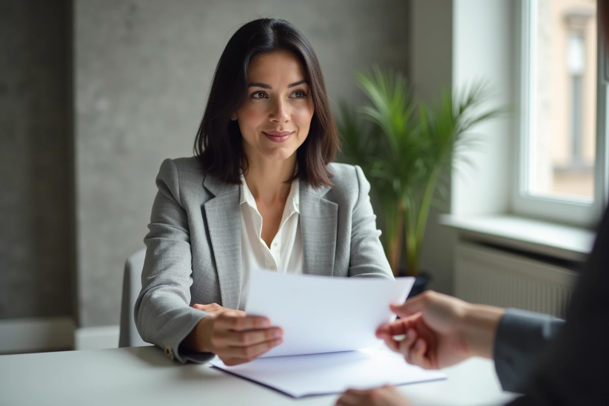 Femme remettant un contrat de cession de vente signé à son interlocuteur dans un bureau à domicile moderne